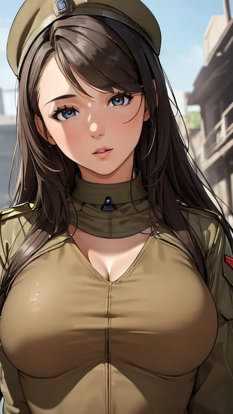 (((masterpiece))),(((High resolution)))、(((8K)))、(((Beautiful woman modern soldier))), ((top quality eyes)), ((detailed face)), (detailed texture), look at the camera，Huge Breasts