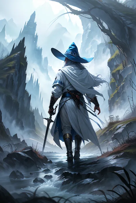 a wizard in white and blue clothes a wizard hat ,  walking with his black sword over a valley of green mountains, overcast skies...