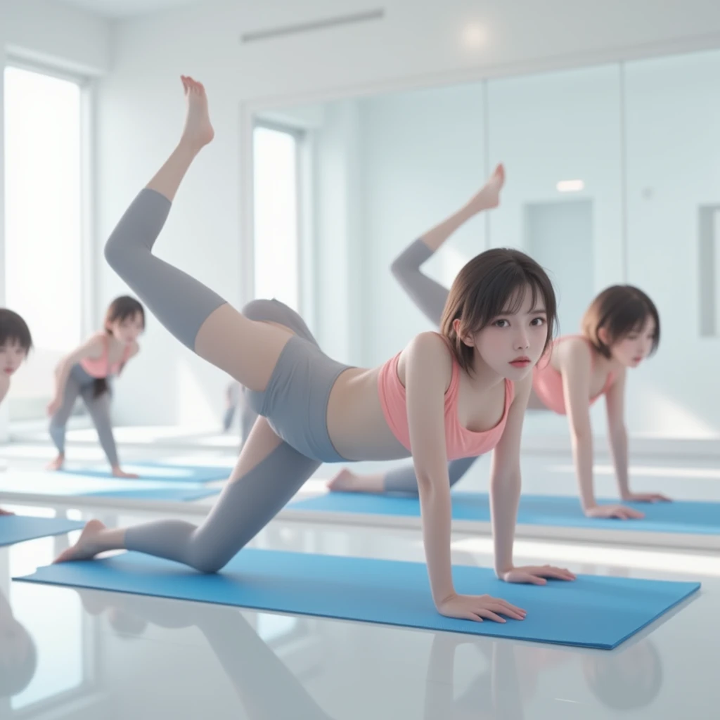 Japanese Girls , short hair, pink sports bra ,Grey leggings,(Small breasts:1.2)、Small Ass、Petite、slim、 showing her crotch 、 BEAUTIFUL GIRLS、 high school students、Ishihara Satomi、Idol、 sexy、Yoga poses、 open legs、Bright yoga studio、The wall is a full mirror ...