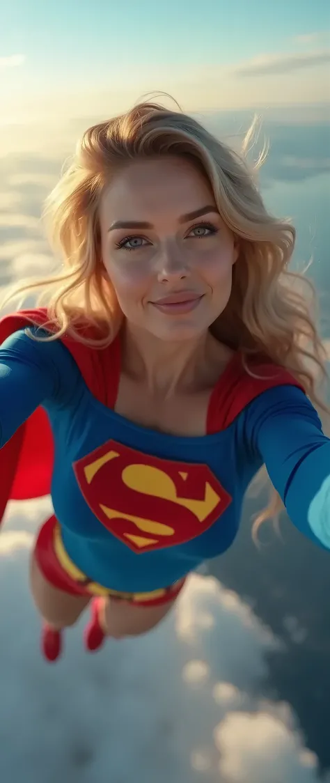 Selfie style photo, pov, INSANELY SEXY, RIPPED MUSCULAR BUSTY, OOBS SUPERGIRL WEARING THE ORIGNAL SUPERGIRL COSTUME FROM 1950. SOARING WHILE TAKING A SELFIE. 8k, high definition, visible cleavage