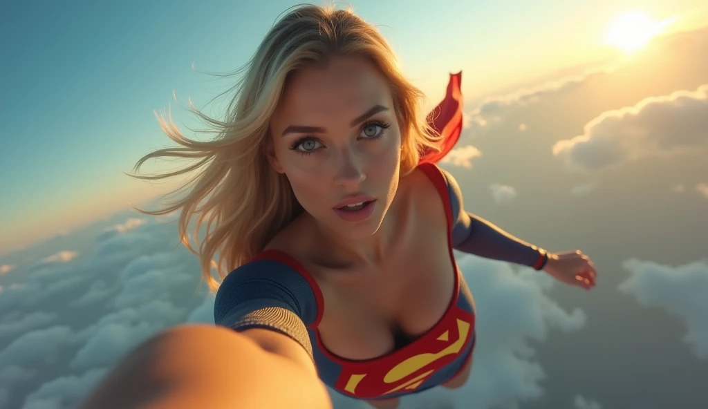 Selfie style photo, pov, INSANELY SEXY, RIPPED MUSCULAR BUSTY, OOBS SUPERGIRL WEARING THE ORIGNAL SUPERGIRL COSTUME FROM 1950. SOARING WHILE TAKING A SELFIE. 8k, high definition, visible cleavage, she is more to the right side of the image, exposed breasts