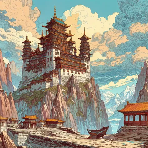 a painting of a mountaintop with a building on top of it, cyberpunk chinese ancient castle, by noah bradley, studio ghibli and d...