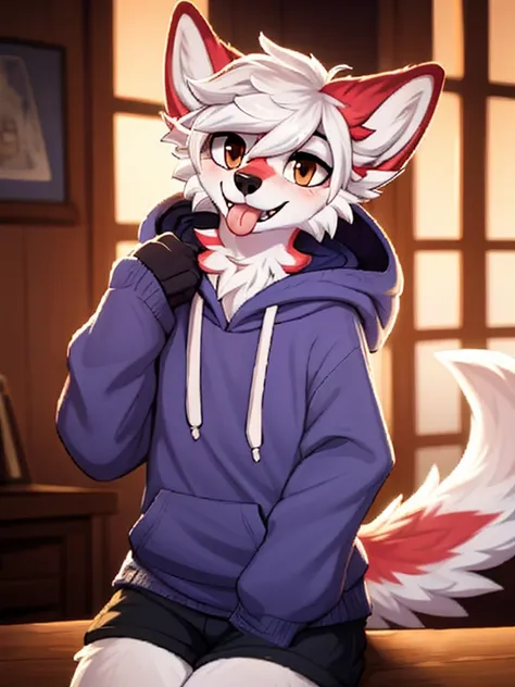 1boy, solo, a wolf schoolboy in a hoody, furry, anime, looking at viewer, sexy pose, tongue out, smile, narrowed eyes, detailed ...