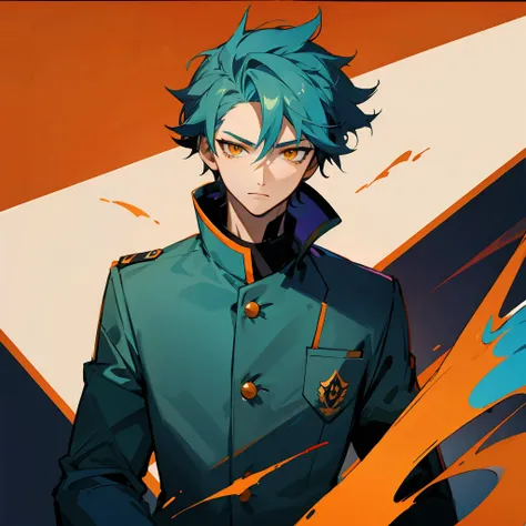 1 boy, turquoise hair, orange eyes, black uniform, handsome, orange eye liner, high quality, high quality