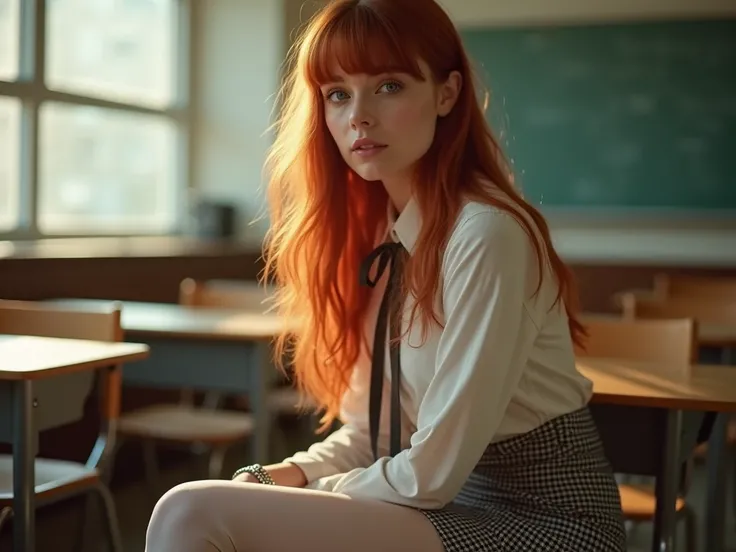 Ultrarealistices,  high-quality full-body photo of a young Irishwoman with long red hair and blue eyes ,  sitting casually in a softly lit classroom .  She has a slim hourglass figure and wears a classic  : a close,  slightly open blouse with loose tie ,  ...