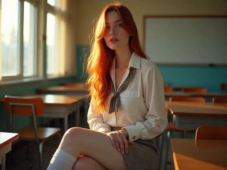 Ultrarealistices,  high-quality full-body photo of a young Irishwoman with long red hair and blue eyes ,  sitting casually in a softly lit classroom .  She has a slim hourglass figure and wears a classic  : a close,  slightly open blouse with loose tie ,  ...