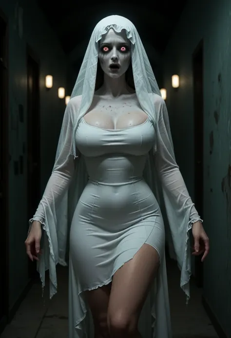 subtly censor  ,  image suitable for the public . ambiente macabro, horror scene.  supersexy woman wearing a ghost costume  .  a...