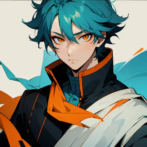 1 boy, turquoise hair, orange eyes, black uniform, handsome, orange eye liner, high quality, high quality, detailed eyes