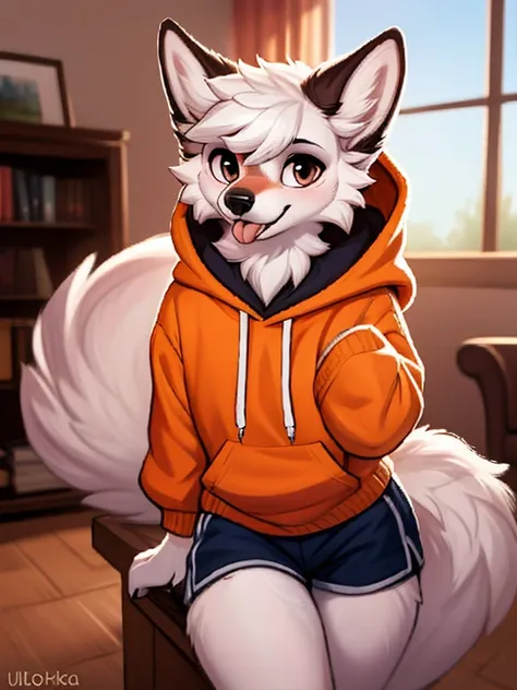 1boy, solo, a wolf schoolboy in a hoody, furry, anime, looking at viewer, sexy pose, tongue out, smile, half-clothed eyes, cunni...