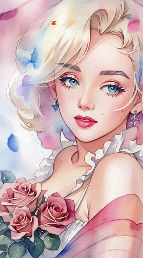 close up photo of Marilyn Monroe, watrcolor style, (rose) digital art, official art, blown by the wind, masterpiece, beautiful, ((watercolor)), paint splatter, intricate detail. Great detail, [dripping:0.7], Trending on Artstation, Rachel Walker