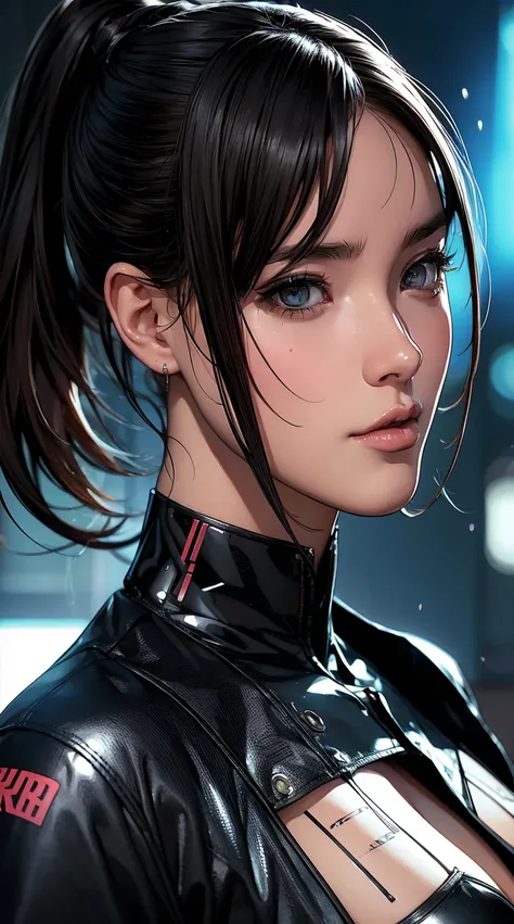 a comic potrait of a cyberpunk cyborg girl with big and cute eyes, fine - face, realistic shaded perfect face, fine details. nig...