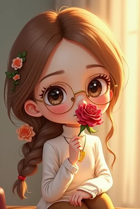 delicate girl, discreet smile, braid in her hair and flowers, light brown hair, thin and golden glasses. wears turtleneck blouse, brown skinny twill pants, white sneakers with white laces, necklace with golden pendant in the shape of a heart, sitting, smel...