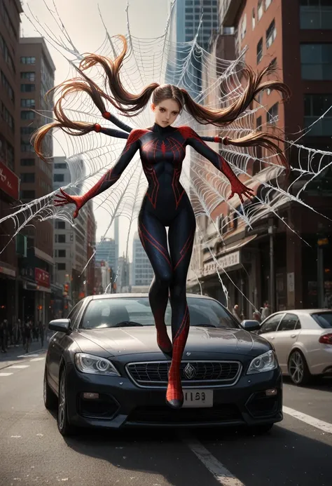 (masterpiece, best quality), intricate details, 8k, artstation, wallpaper, official art, splash art, sharp focus,, 1girl, long hair, twin tails, red eyes, brown hair, ,  spider suit, spider web printing, spider web,  , skyscrapers, city, buildings, cars, s...