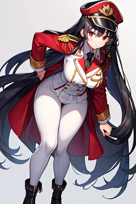 1girl, black hair, long hair, red eyes, large breasts, thick thighs, hat, white hat, military hat, jacket, white jacket, buttoned jacket, pants, white pants, red trim, boots, standing, full body, ((full body)),