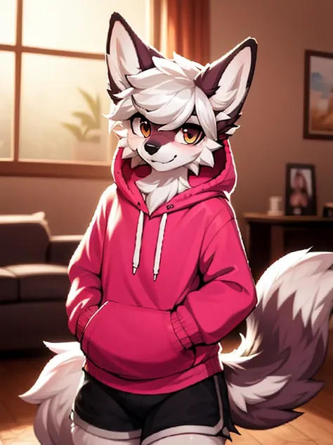 1boy, solo male, teenager, a wolf schoolboy in a hoody, furry, anime, looking at viewer, sexy pose, cunning face, sfw, detailed ...