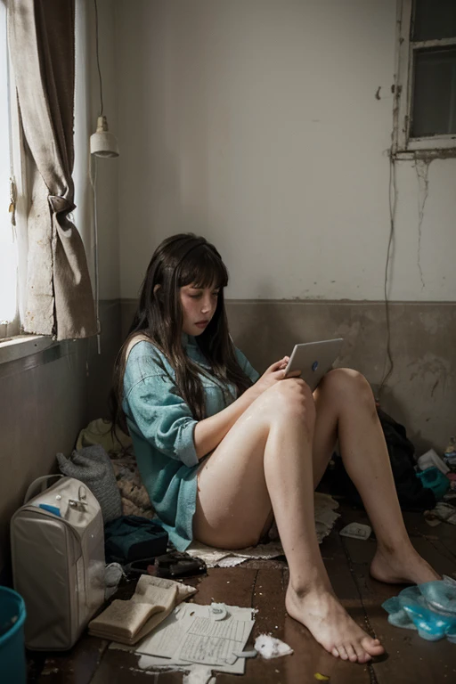 A photoshoot of a Russian girl-anonymous from 2ch board with bipolar disorder sits in an old Khrushchevka apartment, surrounded by trash and closed curtains. She is a hikikomori and neet. The apartment is filled with dirt and old tampax lying on the floor ...