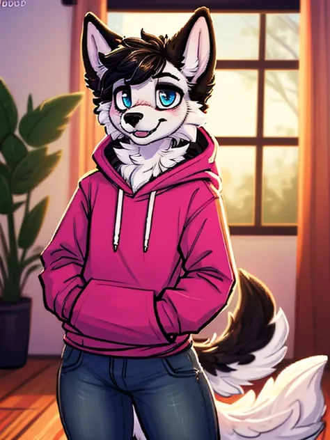 1boy, solo male, teenager, a wolf schoolboy in a hoody and jeans, furry, anime, looking at viewer, sexy pose, cunning face, sfw,...