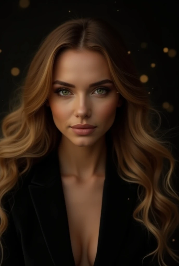 Girl, ((Film grain, bokeh, light particles ,Dust, Extreme camera angle)), (Best Quality,4k,hight resolution:1.2),Ultra-detailed,Realistic,Portrait,black & Gold Palette, Very Long flowing golden hairstyle with long brown roots, ((green detailed eyes)), radi...