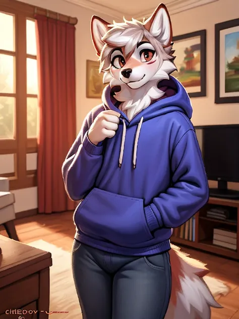 1boy, solo male, teenager, a wolf schoolboy in a hoody and jeans, furry, anime, looking at viewer, sexy pose, cunning face, sfw,...