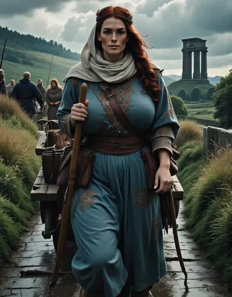 Photorealistic, cinematic style, picture of a beautiful British woman dressed like a germanic peasant woman in the early middle age. Shes traveling on an old roman road, driving an ox-pulled cart. She holds a prodding stick. Shes wearing a long washed-out ...