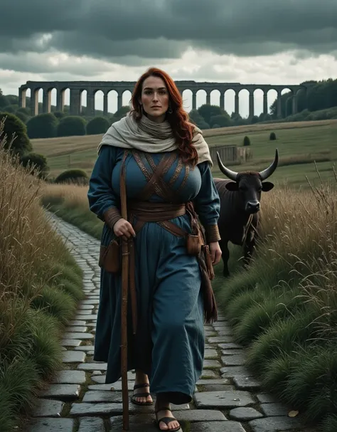 Photorealistic, cinematic style, picture of a beautiful British woman dressed like a germanic peasant woman in the early middle age. Shes traveling on an old roman road, driving an ox-pulled cart. She holds a prodding stick. Shes wearing a long washed-out ...