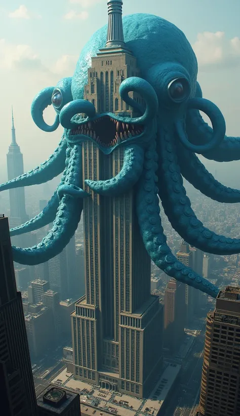 A giant blue octopus-like monster is entangled in the Empire State Building in New York。The giant octopus head is visible