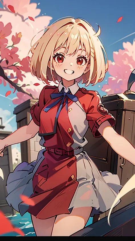 Masterpiece、Best Quality、woman、bangs、 platinum blonde 、Red Uniform、Red blush、Chest、 Y shirt、 cowboy shot、Dress shirt、 eyebrows visible from her hair、 grin 、Bob Hair、Viewer Perspective、navy blue tie ribbon、Red Eye、Student Uniform、 red skirt 、smile、solo、blue...