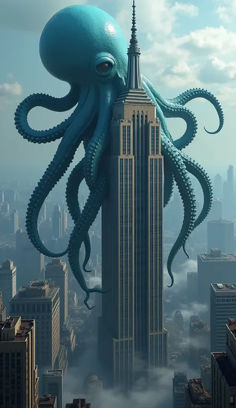 A giant blue octopus-like monster clings to the Empire State Building in New York。The giant octopus head is visible