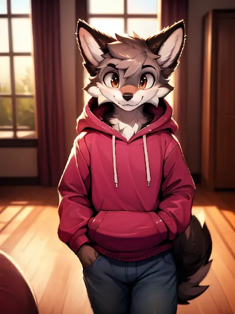 1boy, solo male, teenager, a wolf schoolboy in a hoody and jeans, furry, anime, looking at viewer, sexy pose, cunning face, sfw,...