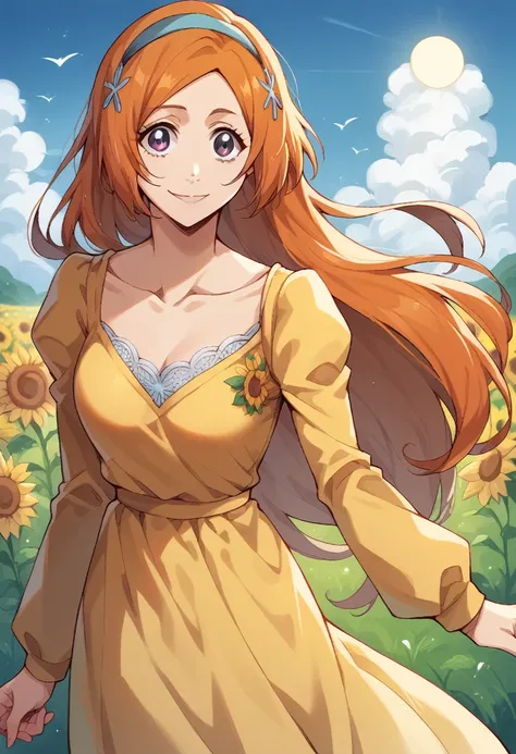 1girl, solo, yellow dress, long sleeves, standing, collarbone, floral print, inoue orihime, long hair, orange hair, (grey eyes:1.5), Hairpin, smile, big boobs, is, smile, outdoor, cloud, sun tem, smile, hairband, grass, sunflower, tem, flower, sky, looking...