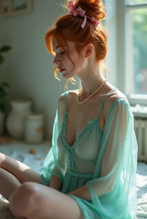 Realistic photo, side view of a college Ginger redhead wearing a drenched translucent silk aqua nightgown, sitting in lotus position, drenched (((white string panty))) showing, (((messy high bun))), pink ribbons tied in hair, erect nipples, glistening oily...