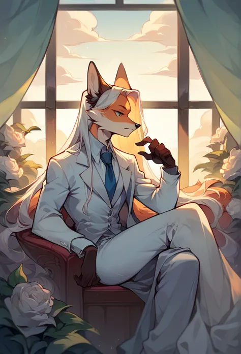 a fox, wearing white suit, long hair (hairstyle), sitting on a chair, pose, posing, boring gesture, making decision, flowers aro...