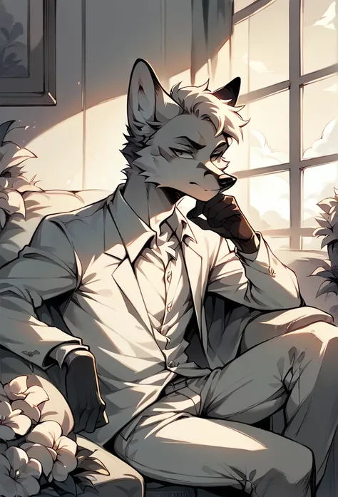 a fox, black and white fur, wearing white suit, sitting on a chair, pose, posing, boring gesture, making decision, flowers aroun...