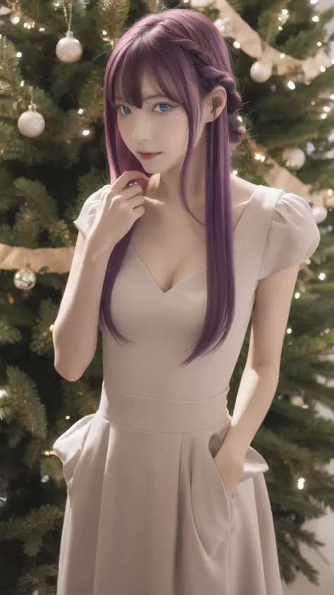 masterpiece, best quality, highres, 1girl, solo, long hair, purple hair, braid, purple eyes, merry christmas dress,