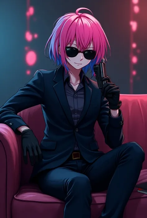 Anime boy,pink and blue hair,mafia clothes,undefined, Black sun glasses,con un arma sentado en un sofa 