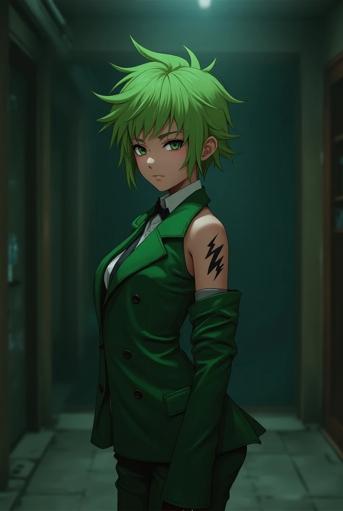 Short green haired anime girl wearing green mobster clothes with a lightning tattoo on her back 

Dark lighting undefined, 