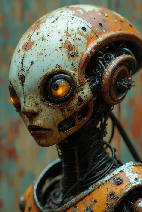 a beautiful surreal old alien hybrid of a robot, low rusted, cables iron, roots perfect eyes, ultra-realistic illustration, comp...