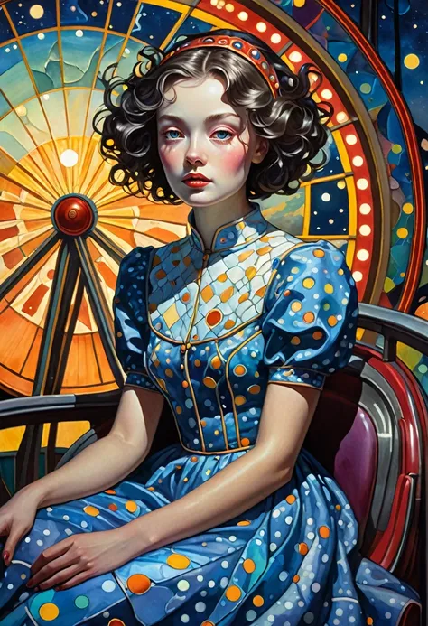 sci-fi cinematic vintage  alien planet carnival funfair    postcard  beautiful  tempera masterpiece  , , dynamic poster,    by Rockwell , Lockwood, Kuindzhi art on a cracked paper , fantasy,    polka dot dress,  close up sitting   young preppy     girl,  i...