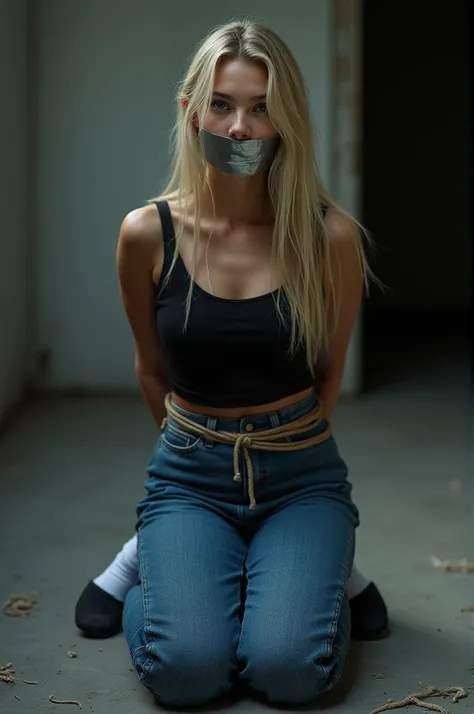 Albanian girl. Blonde hair. Blue Eyes. Black top. Blue baggy jeans. White socks and black slides. Silver tape covering her mouth shut. Hands tied behind her back with rope while kneeling 