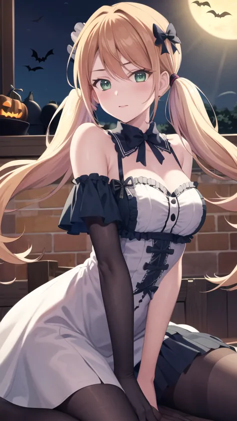 masterpiece, best quality, highres, 1girl, solo, blonde hair, low twintails, hair bow, green eyes, halloween dress,