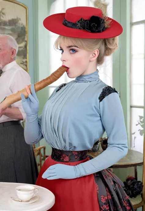 sally gray as a gorgeous, slutty 15yo blonde gibson girl bimbo of the 1900s in a tea room, daintily sucking off an old man (((wi...