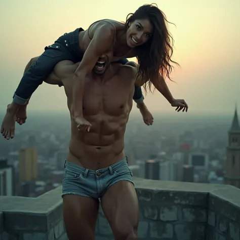 1 muscular woman lifting a frightened man over her head, standing on a rooftop near the edge, beautiful detailed face and muscles, (best quality,4k,8k,highres,masterpiece:1.2),ultra-detailed,(realistic,photorealistic,photo-realistic:1.37),hyperrealistic,mu...