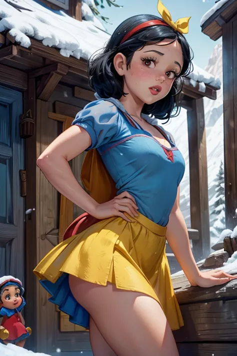 1girl, young girl, jenna ortega as snow white, outside 7 dwarfs hut, blue dress, yellow skirt, red ribbon headband, freckles, bl...