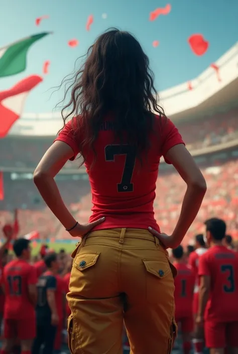 Latina in a Ronaldo shirt in the stadium and a big butt in cargo pants from behind