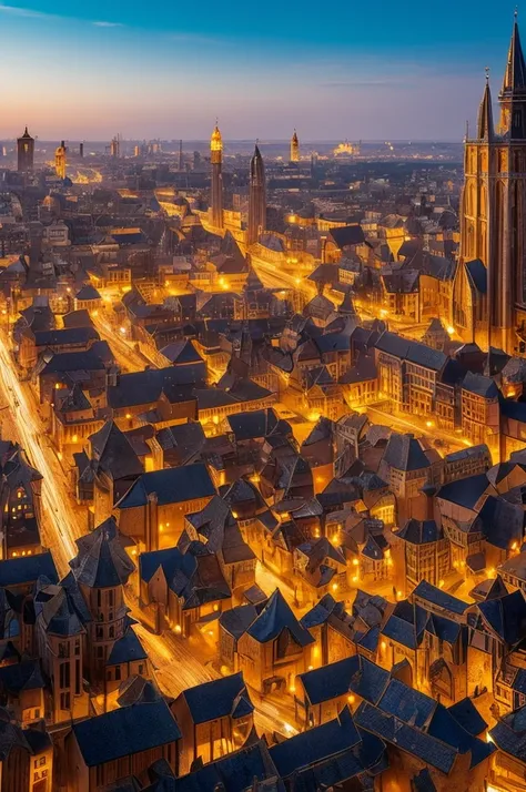 Create an image of a fantastic city from a medieval fantasy world ,  where the city has many observation towers that are connected by light bridges and its buildings are predominantly golden in color.
