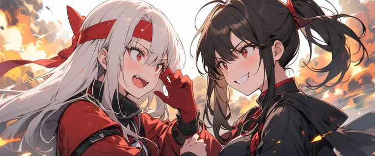 Two women facing each other　glare at each other　headband　 each have a Japanese sword　Reckless attitude　 Wicked Expression 　warrior　Military commander　samurai 　Black Hair　Silver Hair　Tall　Narrow eyes　 Flirty attitude 　Madness　spark　battlefield