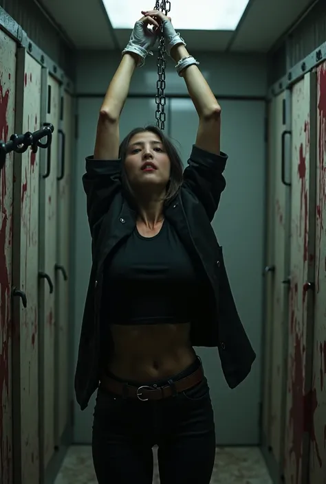 Jenny wearing black pants and black t-shirt with black jacket in bloody butcher freezer her hands being bound by chain and stretched high up hands above her head  mouth taped by silver duct tape