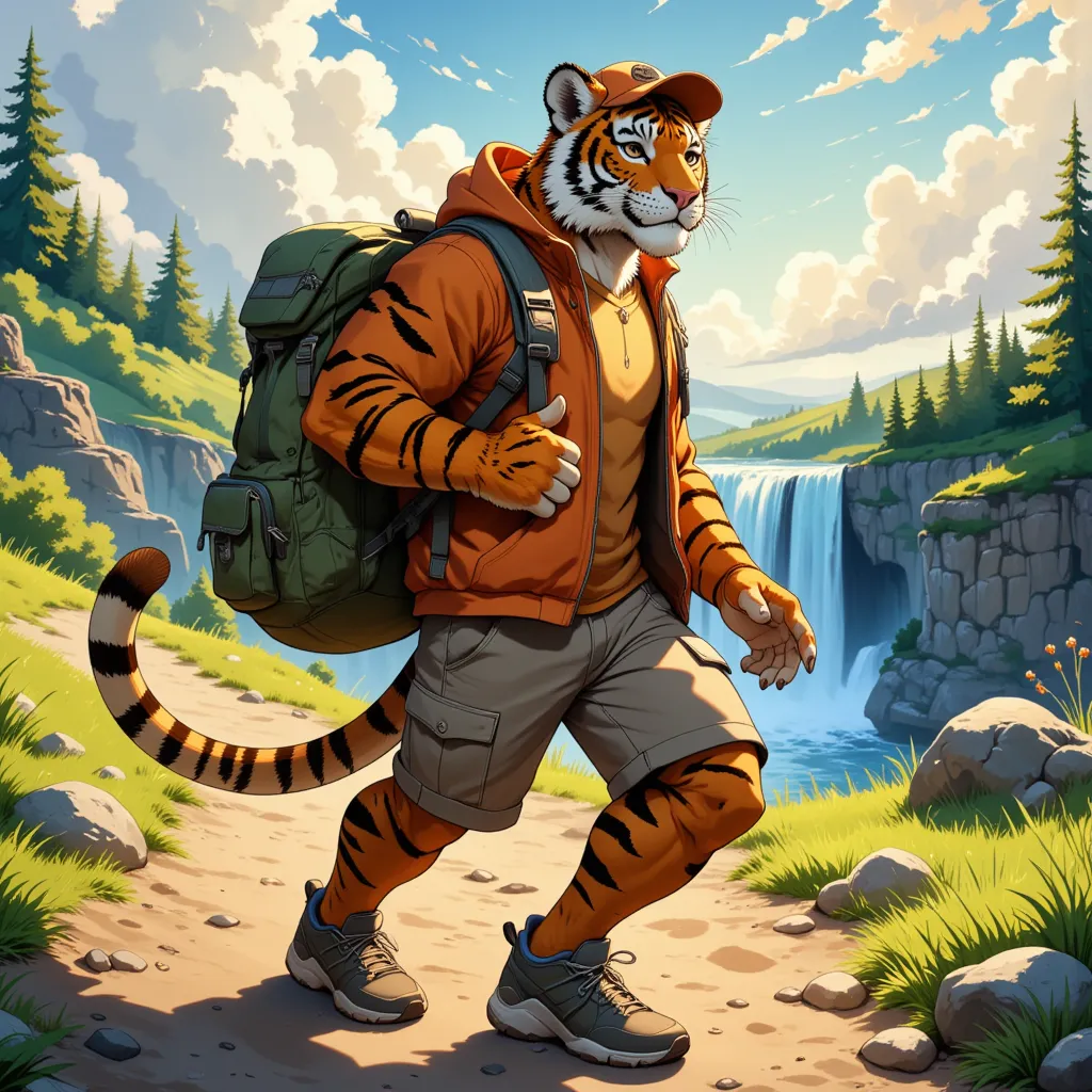 character focus, full body, looking away, from above, dynamic angle, american country, backpacker, middle-aged tiger man, break ...