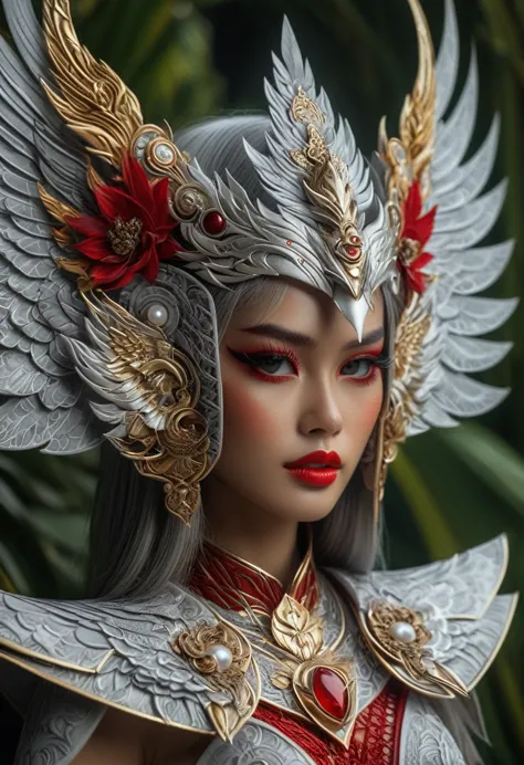 Photorealism, Face facing front,Stunning hyper-realistic Japanese girl, by Ash Thorp and Marta Nael, anime, manga, character, upper body only, wearing high detail elaborate red mate mix 24k gold balinese barong  engraving  fantasy clothes inspired by balin...