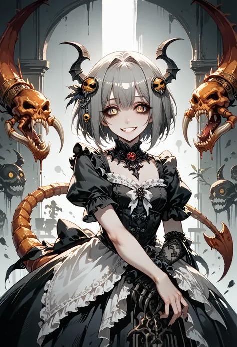 a girl with a scorpion tail. black carapace. gothic dress. her one hand becomes a scorpion's claw. gray hair. short hair. yander...